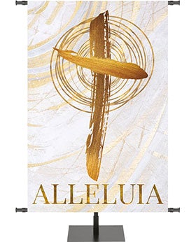 Church Banner for Easter Alleluia with Cross Symbol in Gold and Bronze on White Banner with Gold Accents