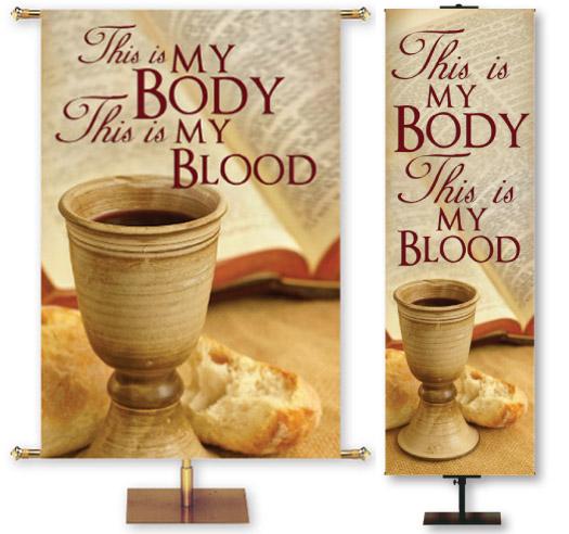 This Is My Body This Is My Blood Church Banner with Chalice Of Wine and Portion Of Bread with Open Bible In The Background. Two size options shown.