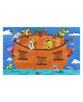 Vinyl Area Mat for Church with cartoon illustration of Noah's Ark in the ocean with blue sky and clouds