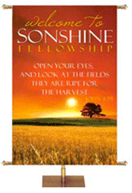 Custom Banner for Church with field of yellow, green hill and tree in the distance at sunset also shown with customization option image