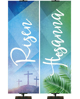 Banners for Easter with patterned backgrounds with cursive Risen with 3 Crosses on Blue and Hosanna with Palm Branch on Green