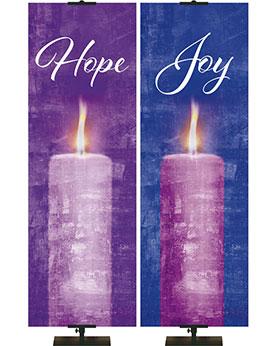 Hope Purple Candle on Purple and Joy Purple Candle on Blue Banners for Advent in a watercolor technique