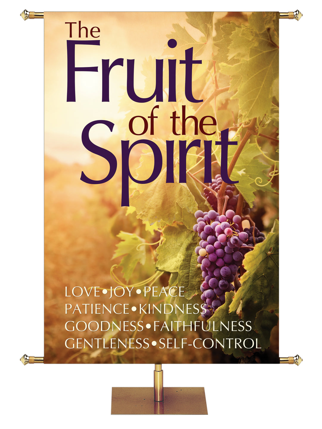 Church Banner The Fruit of the Spirit Love, Joy, Peace, Patience, Kindness and more with purple grapes and sunlit vineyard