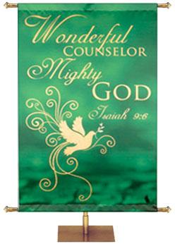 Wonderful Counselor Mighty God Isaiah 9:6 Banner for Christmas in the look of gold foil with Dove of Peace symbol and delicate accents