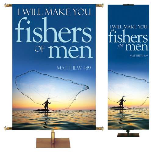 I Will Make You Fishers Of Men Matthew 4:19 Banner with Fisherman casting net over the ocean at sunrise or sunset