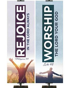 Church Banner Rejoice In The Lord Always Philippians 4:4 Arms Upraised and Worship The Lord Your God Luke 4:8 Arms Outstretched