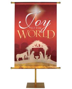 Joy To The World Banner For Christmas with Nativity Scene In White and Gold on Red