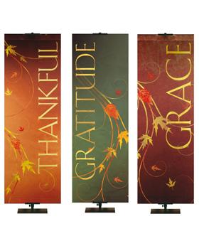 Thankful, Gratitude, Grace in the look of gold foil on Banners for Thanksgiving side by side with delicate Autumn leaves on various backgrounds