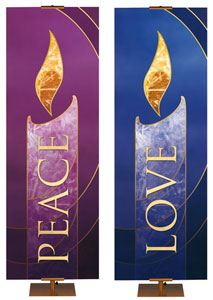 For Advent or Christmas Banners Peace in Gold with Purple Candle on Purple and Love in Gold with Blue Candle on Blue