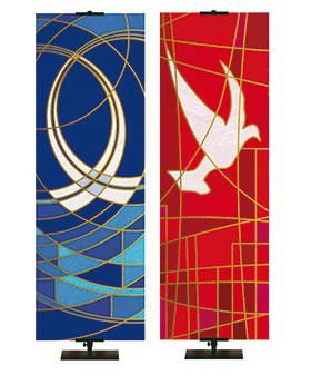 Fish Symbol on Blue Stained Glass and Dove Symbol on Red Stained Glass Banners. Color options are Blue, Green, Purple, Red.