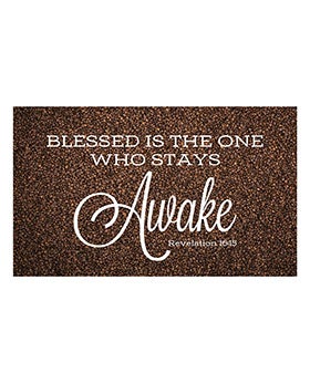 Floor Mat for Church Coffee Station Blessed Is The One Who Stays Awake Revelation 16:15 on background of coffee beans