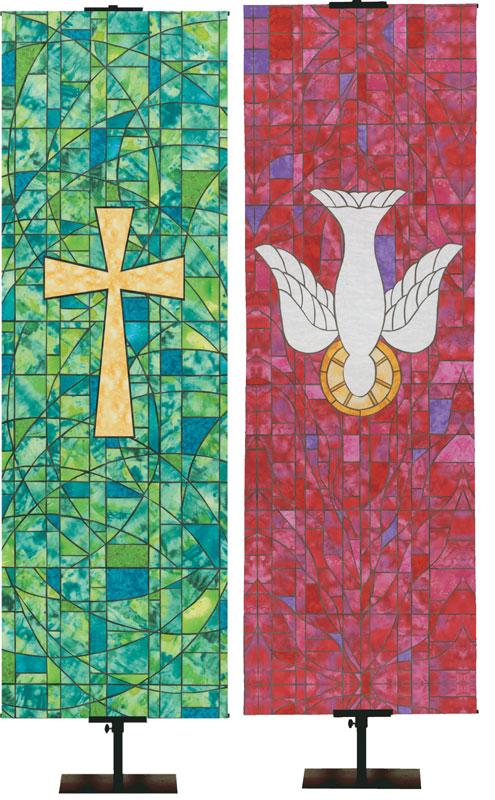 Cross Symbol Banner on Blue and Green Stained Glass Background Next To Descending Dove Symbol Banner on Red Stained Glass Background