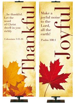 Thankful Colossians 3:15-16 and Joyful Psalm 100:1 Banners for Fall and Thanksgiving side by side both with unique types of Autumn leaves at bottom