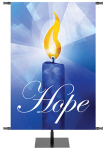 For Advent or Christmas Banner with Blue Candle on Blue with Light Prisms and the word Hope in White in cursive font