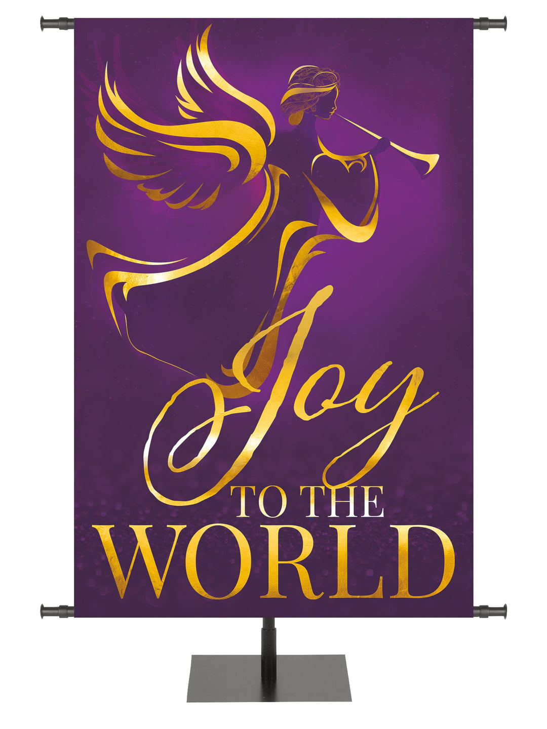 Joy To The World Banner for Advent and Christmas with Herald Angel facing right on purple background