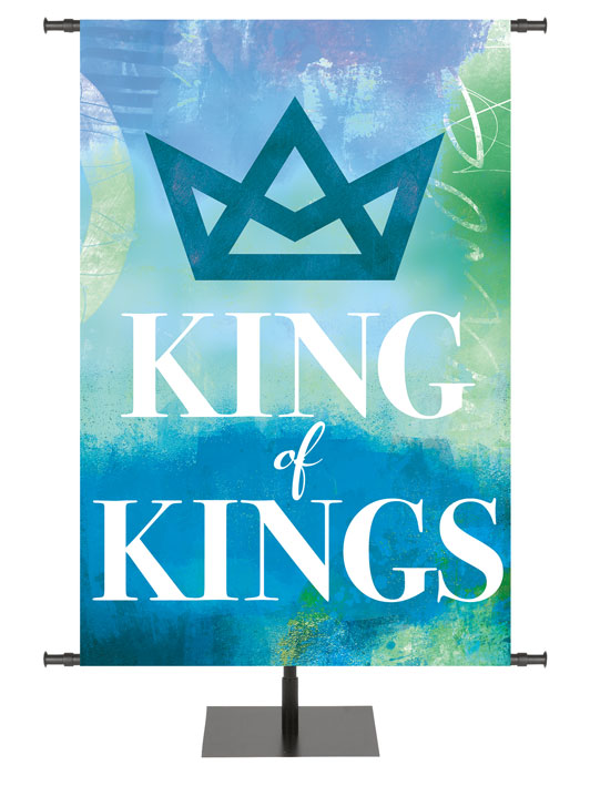 Church Banner King of Kings with Stylized Geometric Crown Symbol on watercolor impression design in Blue, Red or Purple