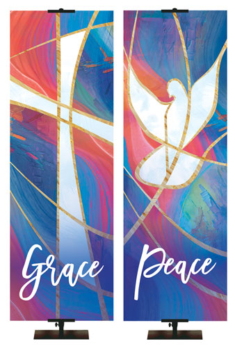 Frescoes of Faith Grace with Cross Banner next to Peace with Dove Banner