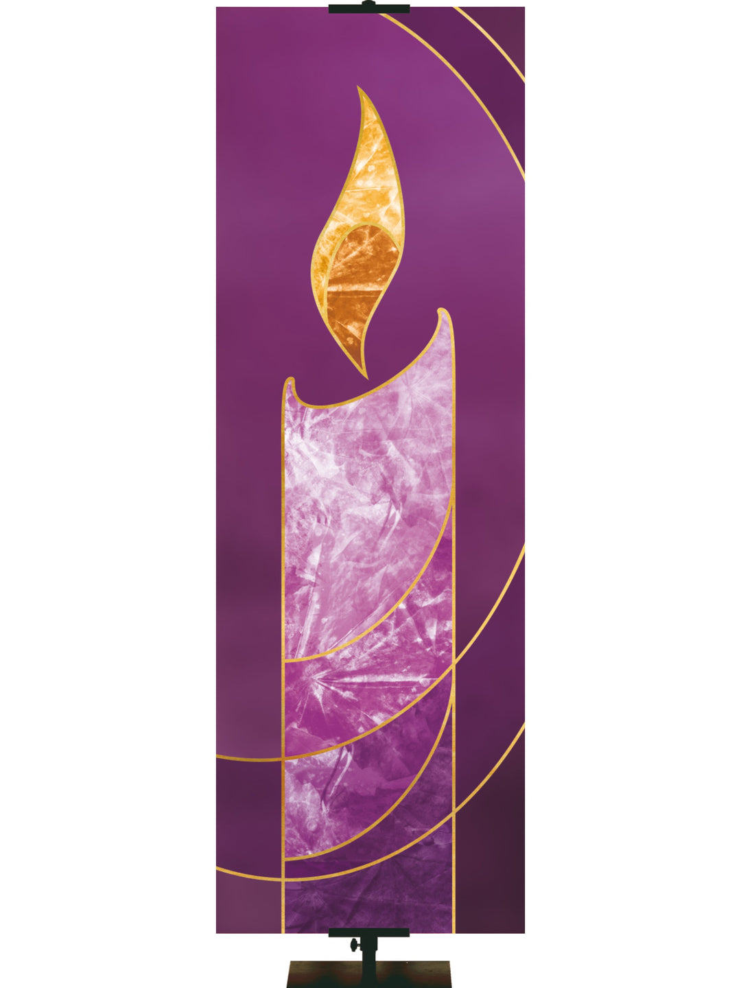 Purple Candle Banner for Advent with candle flame in the look of sparkling gold on Purple Background with delicate gold accents