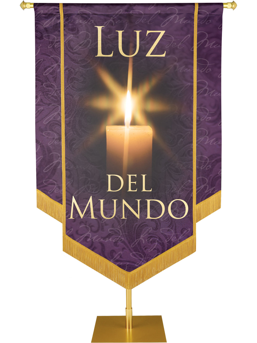 Luz del Mundo Names of Christ in Spanish Embellished Banner with candle and glowing flame in Amethyst with 6 other colors available