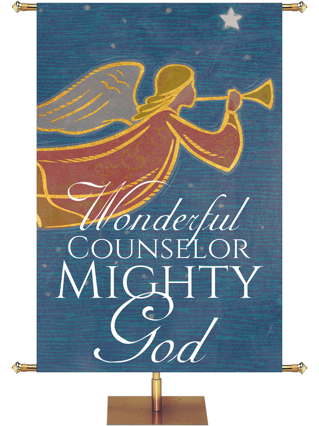 Church Banner for Christmas Wonderful Counselor Mighty God on Rustic Blue with Angel and Trumpet and Star facing Right