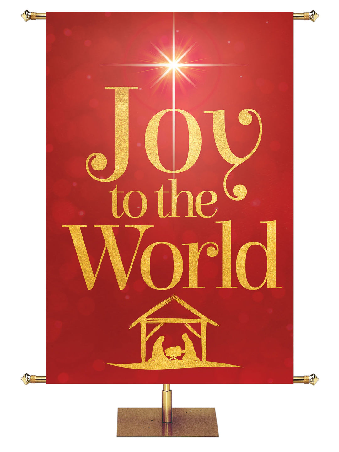 Joy To The World Banner For Christmas on Red In Gold Foil with Nativity Scene. Color options are Blue, Green, Purple and Red