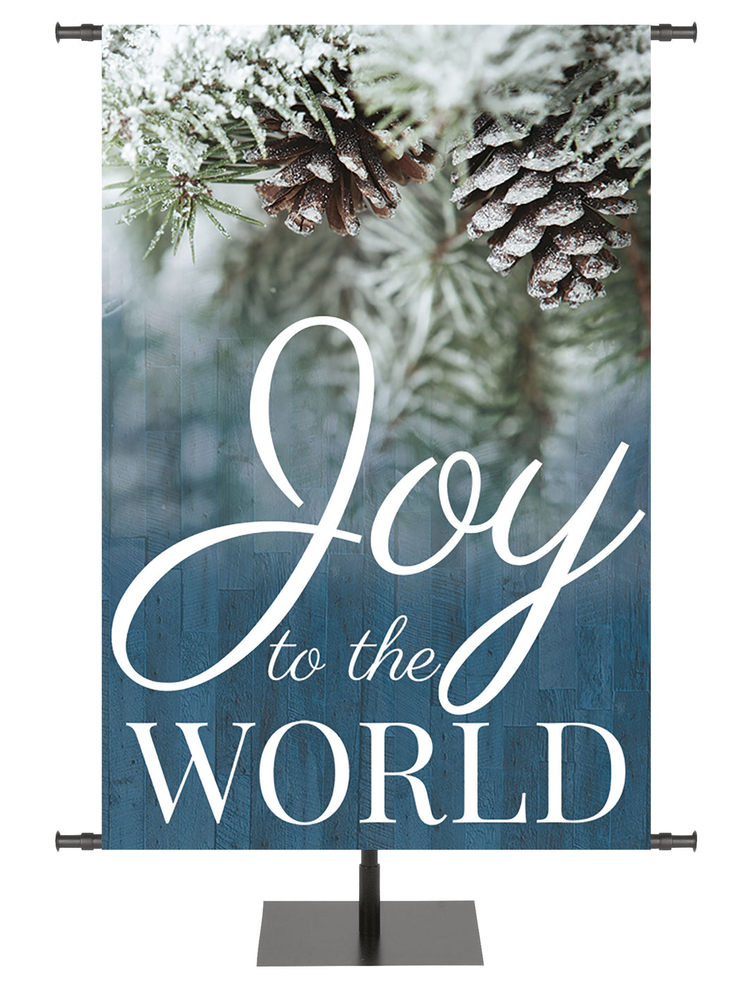 Joy To The World Christmas Banner with evergreen branches laden with pinecones and snow