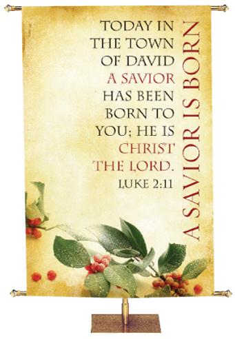 Church Banner for Christmas A Savior Is Born Bible verse with Holly Berries and Leaves on Parchment-look Background