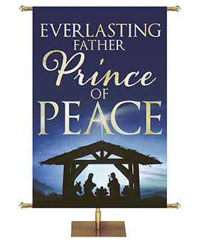 Church Banner for Christmas Everlasting Father Prince Of Peace on Blue with Silhouette of Manger Scene and Glowing Light