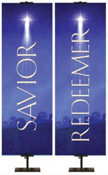 Two Church Banners for Christmas Savior and Redeemer with Shining Star and Silhouette of Bethlehem on Blue or Red Satin