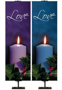 Love Candle Banners for Advent. Purple Candle on Purple and Blue Candle on Blue with holly branches