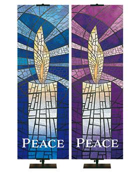 Peace Candle Banners for Advent in Blue and Purple side by side with stained glass effect background