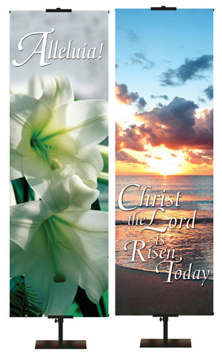 Church Banners for Easter side by side Alleluia with Easter Lily Blooms and Christ The Lord is Risen Today with Ocean Sunrise