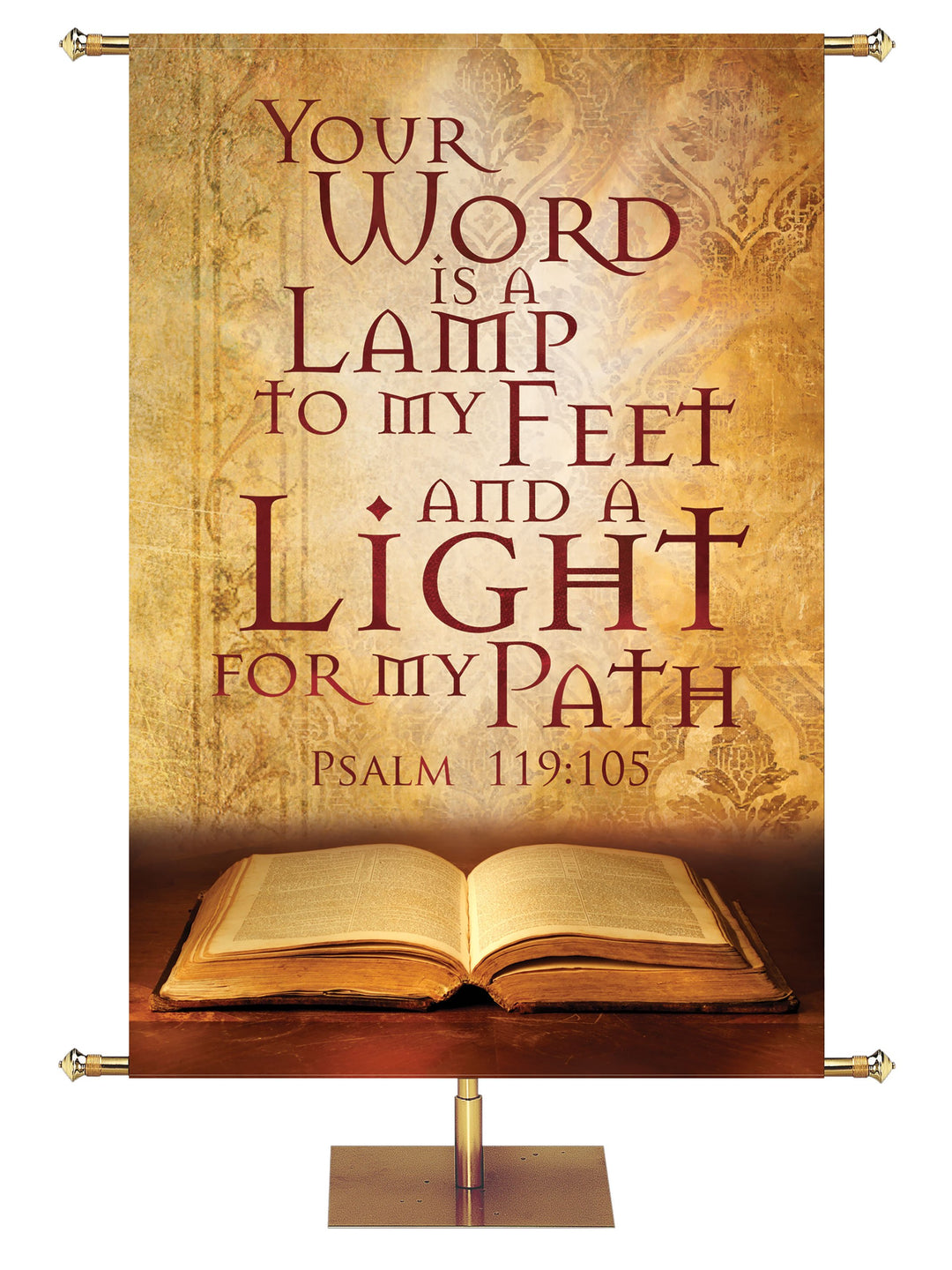 Your Word Is A Lamp To My Feet and A Light For My Path Psalm 119:105 Church Banner with Open Bible On Blue Background. Color options are Aqua, Blue, Gold, Green, Purple, Red.