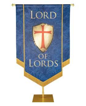 Lord of Lords Embellished Banner with Red Cross on Gold Shield Symbol on Blue with Hand-applied gold brocade and fringe. Multiple color options.
