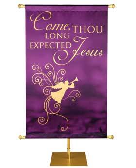 Come Thou Long Expected Jesus in the look of gold foil with delicate accents Banner for Advent and Christmas with Herald Angel facing right