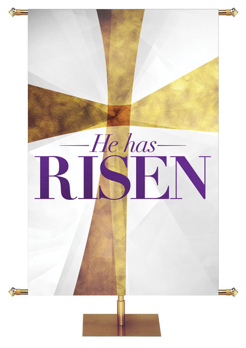 Church Banner for Easter He has Risen on White with Gold Cross Symbol