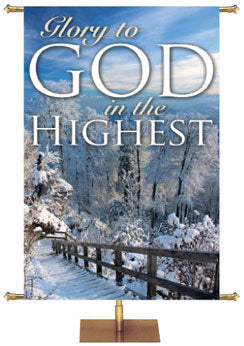 Church Banner Glory To God In The Highest with Winter scene snow-covered footbridge and evergreen trees and Blue Winter Sky