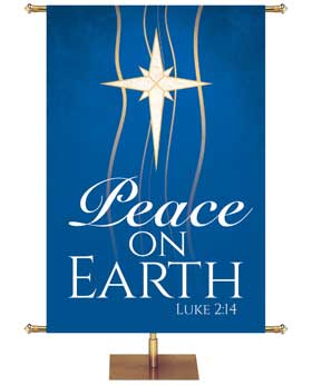 Church Banner for Christmas Peace On Earth Luke 2:14 with Star Symbol in Liturgical colors of Blue, Green, Purple, Red, White