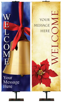 Welcome Banners for Christmas Royal Blue with Gold Bell with Red Ribbon or Poinsettia on Neutral Background to Customize