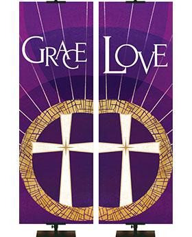 Grace and Love Banners with Cross Symbol on Purple Showing Matching Pair Left and Right Facing