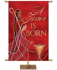 A Savior Is Born Christmas Banner with Mary, Joseph and The Manger facing left on Red with Gold Foil Accents. Color options include Blue, Green, Purple, Red and White.