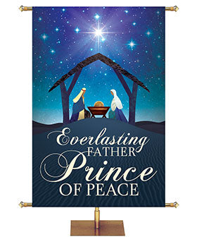 Church Banner for Christmas Everlasting Father Prince Of Peace in White cursive font on Blue with Stars above Manger Scene