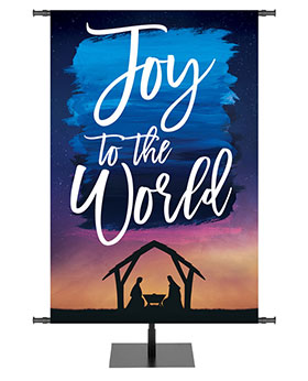 Church Banner for Christmas Joy To The World in White cursive on watercolor effect above Manger Silhouette and sunset sky