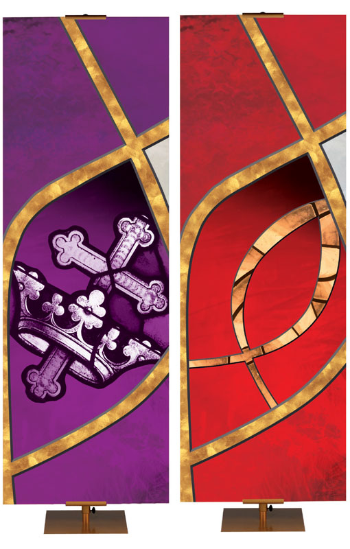 Church Banner in Purple with Cross Symbol Gold Accents next to Church Banner in Red with Fish symbol and Gold Accents