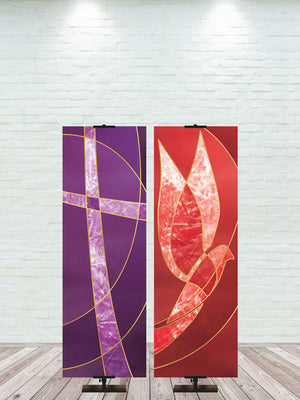 Liturgical Banners for Lent, Easter, Pentecost - Cross Symbol in Gold Accents on Purple and Dove Symbol in  Gold Accents on Red