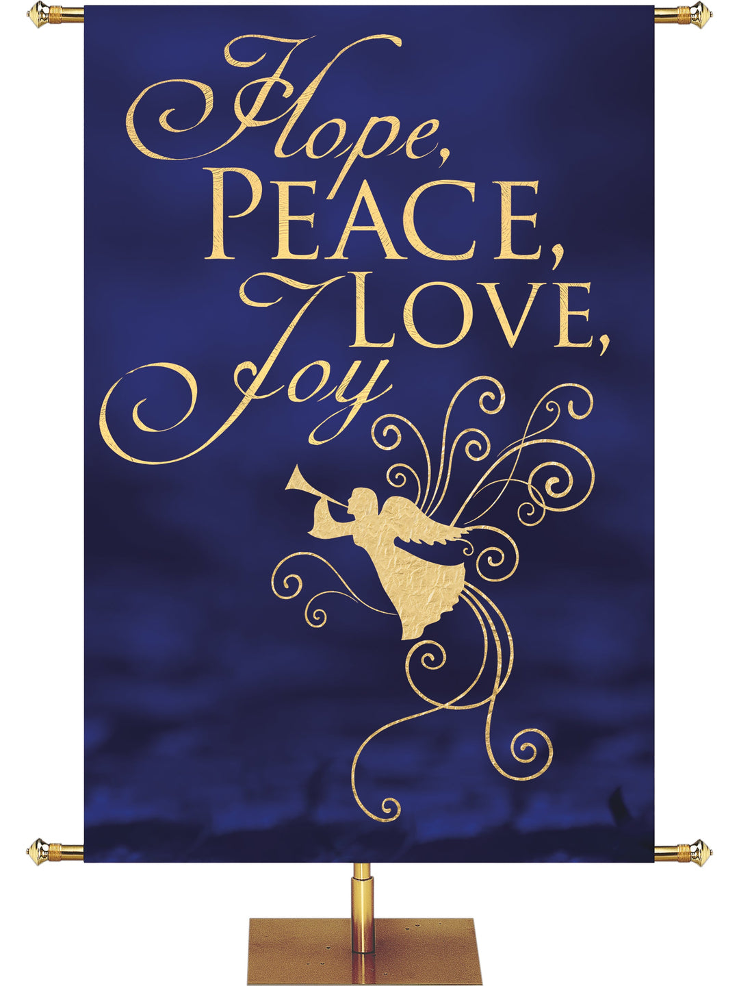 Irregular Advent Foil Hope, Peace, Love, Joy (3 ft x 5 ft, Blue, Pole Hems)