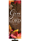 Give Thanks to the Lord Psalm 136:1 Autumn Heartland Design A Left Rustic dark brown vertical wood planks autumn maple leaves, 4 leaves in top left corner