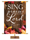 Sing Praises to the Lord Psalm 30:4 Autumn Heartland Design A Left Rustic dark brown vertical wood planks autumn maple leaves, 4 leaves in top left corner
