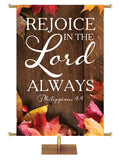 Rejoice in the Lord Always Philippians 4:4 Autumn Heartland Design A Left Rustic dark brown vertical wood planks autumn maple leaves, 4 leaves in top left corner