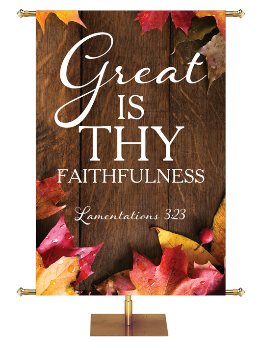 Great is Thy Faithfulness Lamentations 3:23 Autumn Heartland Design A Right rustic dark brown vertical wood planks with autumn maple leaves, 4 leaves in top right corner